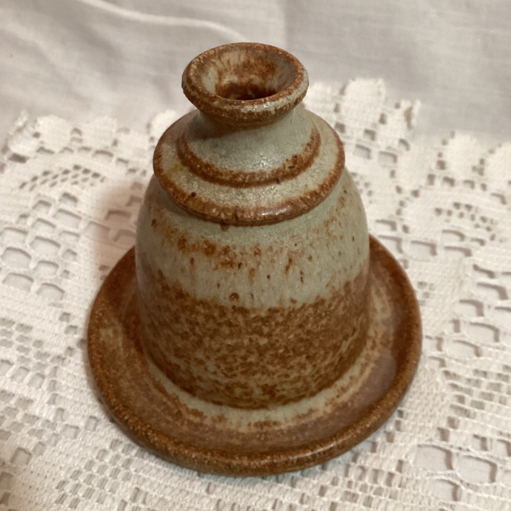Pottery Oil Lamp Rustic Candle Holder Hand Made & Signed Paperweight Decor